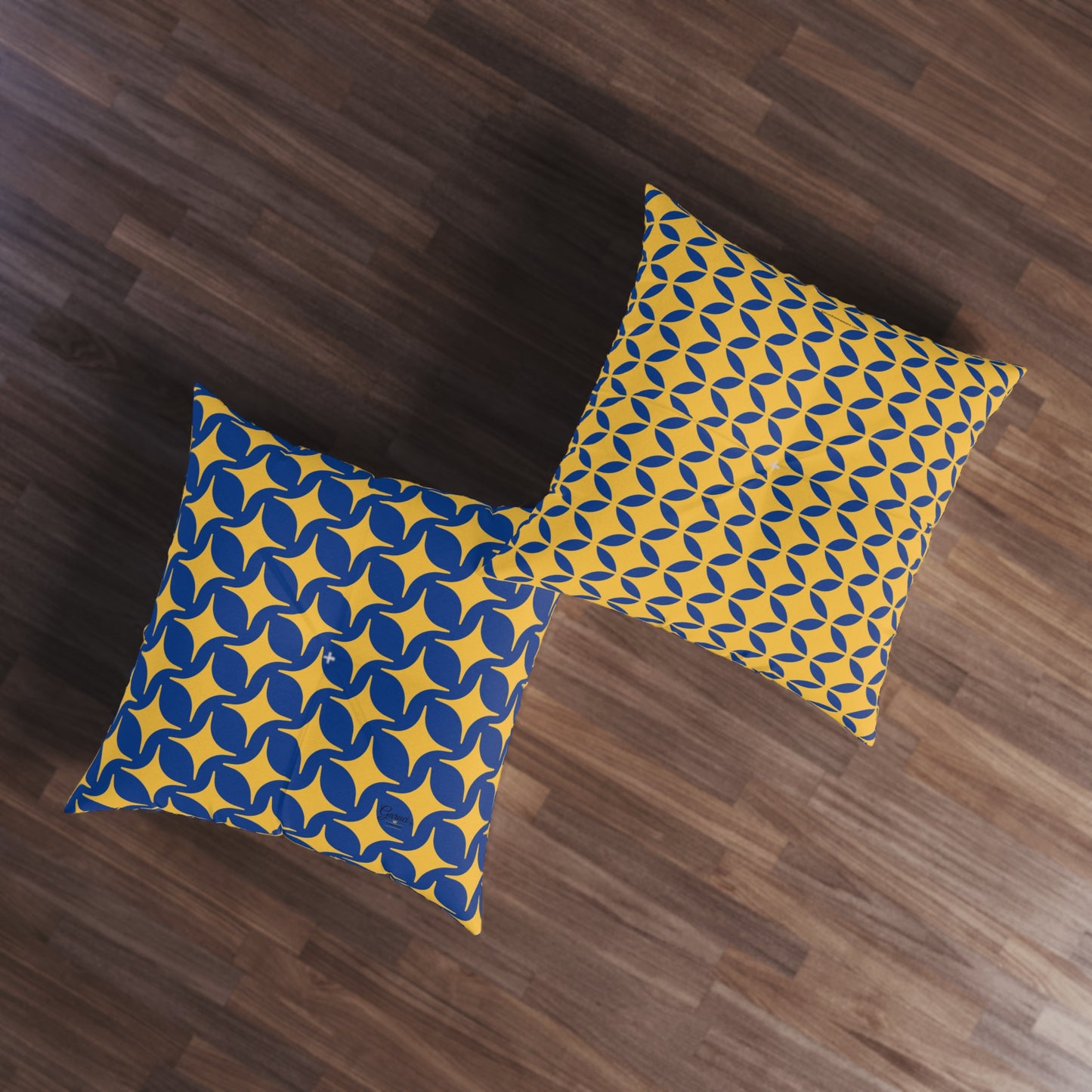 Boho Tufted Floor Pillow – Stylish Square Cushion with Yellow and Blue Pattern for Cozy Home Decor