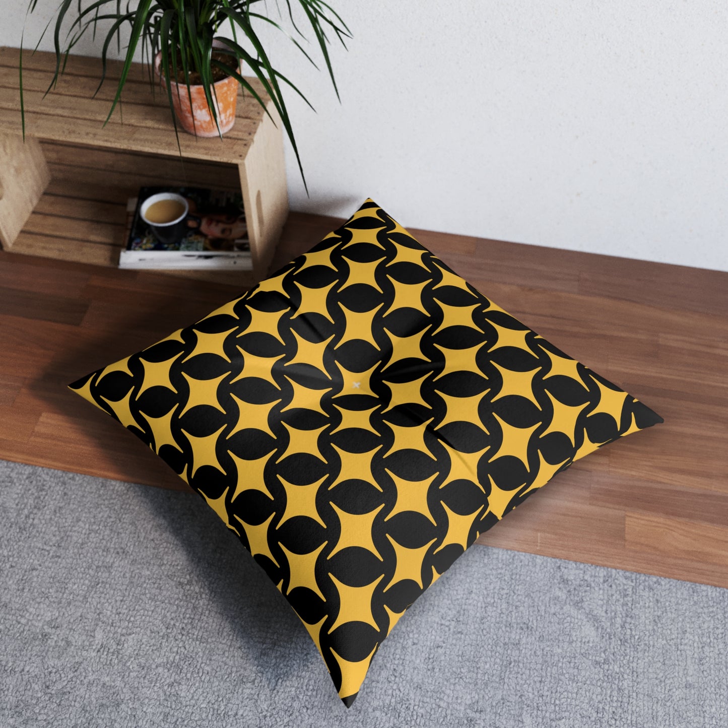 Boho Tufted Floor Pillow – Stylish Square Cushion with Yellow and Black Pattern for Cozy Home Decor