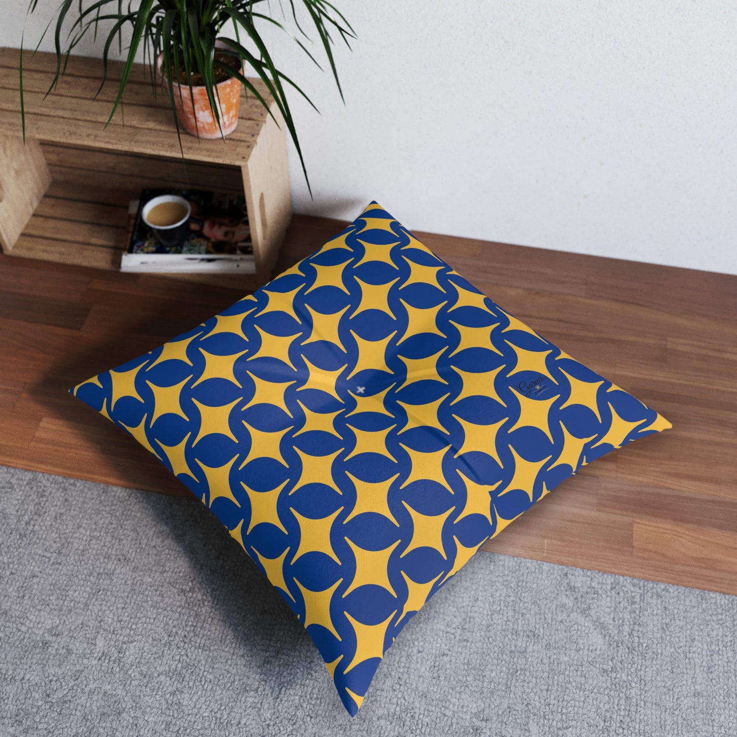 Boho Tufted Floor Pillow – Stylish Square Cushion with Yellow and Blue Pattern for Cozy Home Decor